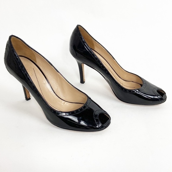 Kate Spade Giselle Oxford Patent Leather Peep Toe Perforated Trim Black Heels - Picture 16 of 16